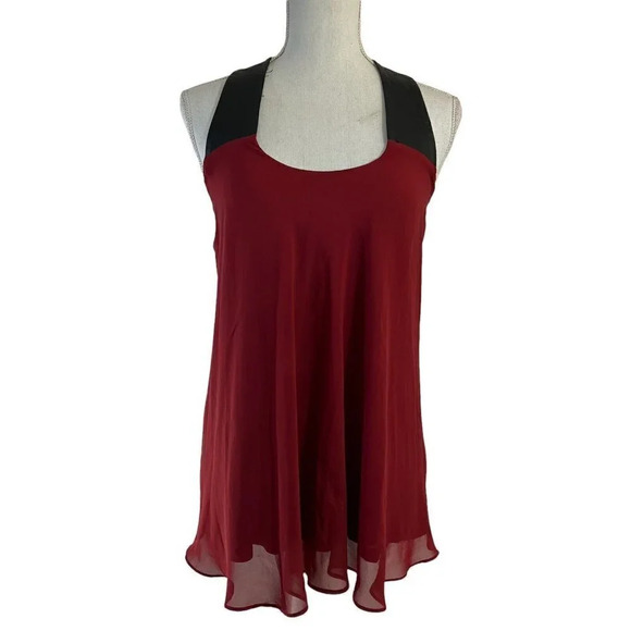 Bisou Bisou Top Red Flowy Tank Faux Leather Thick Straps Halter XS Blouse - Picture 1 of 8